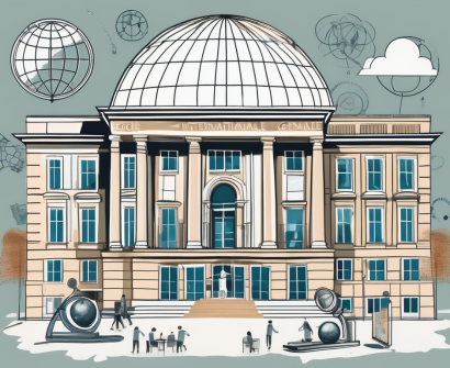 The ecole internationale de genève building with symbols of different academic disciplines like a microscope