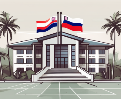 A modern school building with a thai flag flying on top