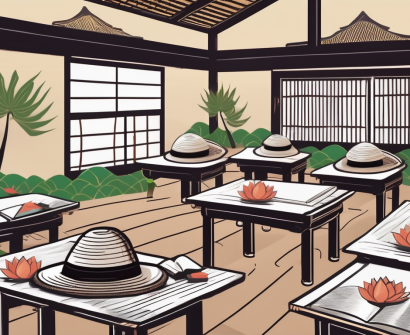 A traditional vietnamese classroom setting with a chalkboard