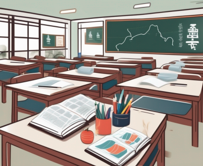 A classroom setting with english teaching materials on a desk
