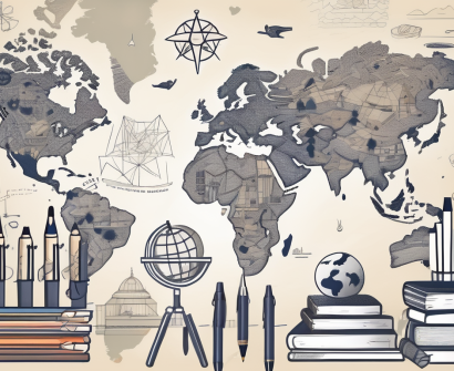 A global map dotted with various international school buildings