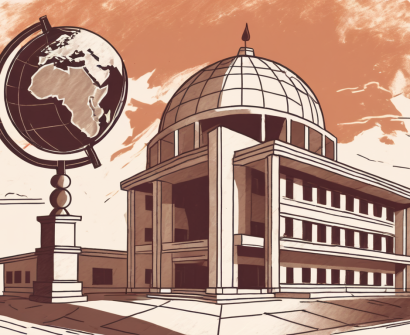 A traditional mexican school building with a globe in the foreground
