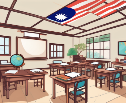 A classroom with thai cultural elements like the national flag