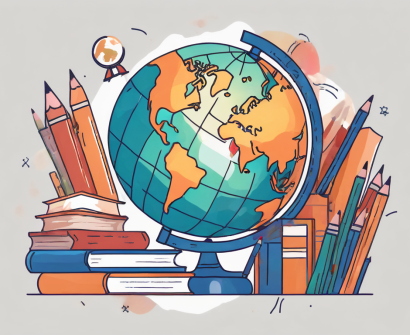 A globe surrounded by various school-related items like books