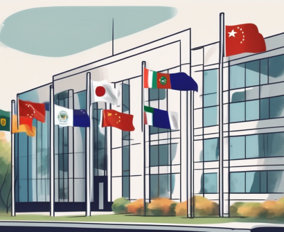 An international school building with various national flags fluttering
