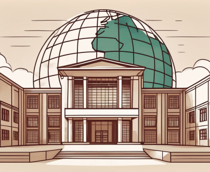 A traditional mexican school building with a globe in the foreground