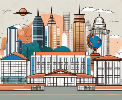 A variety of international school buildings with a backdrop of famous malaysian landmarks