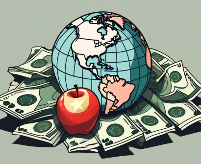 A pile of chinese yuan notes next to an apple (symbolizing education) and a globe with china highlighted