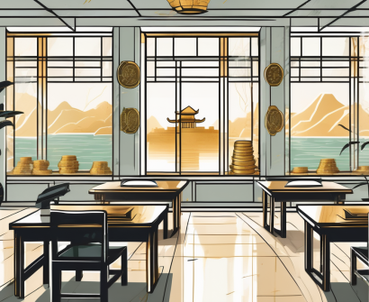 A classroom setting with a view of iconic vietnamese landmarks through the window