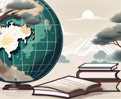 A scenic vietnamese landscape with elements of a classroom like a globe