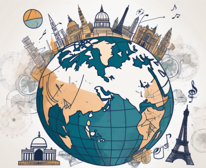 A globe with various iconic international landmarks