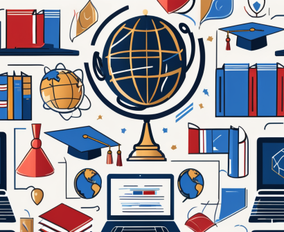 A globe surrounded by various educational symbols like books