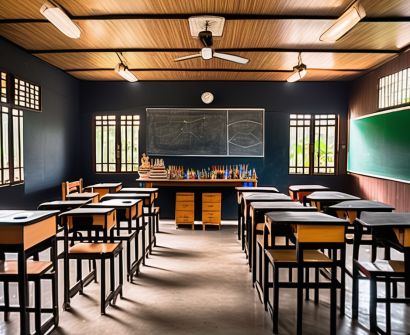A classroom setting in thailand with empty desks