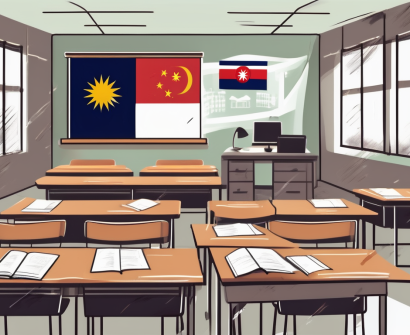 A classroom setting with an international school signage