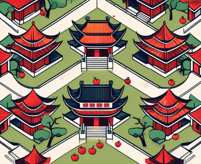 A traditional chinese school building with six different paths leading towards it