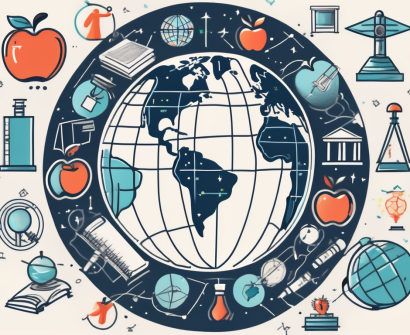 A globe with various iconic educational symbols (like an apple