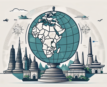 A globe with various iconic landmarks from different cities