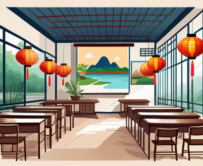 A vibrant vietnamese classroom setting with an array of teaching materials and cultural elements such as traditional lanterns