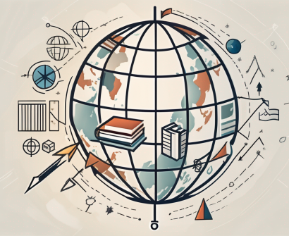 A globe with different educational icons like graduation cap