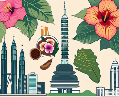 A collage of malaysian cultural symbols such as the petronas towers