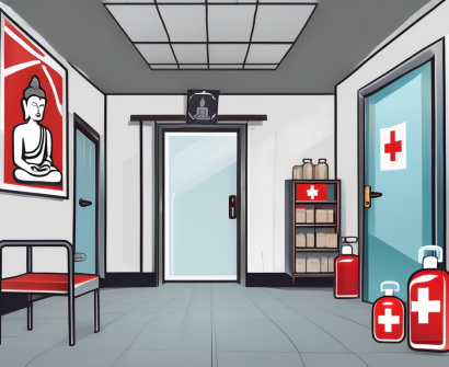 A classroom setting in thailand with a focus on various health and safety elements such as a first aid kit