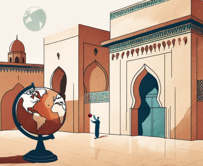 A traditional moroccan school building with a globe and a teacher's apple on the foreground