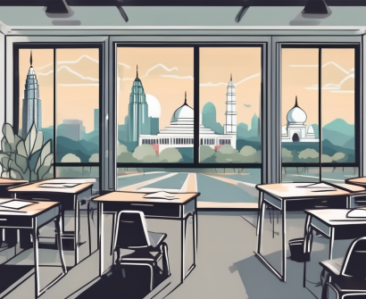 A classroom setting with a chalkboard