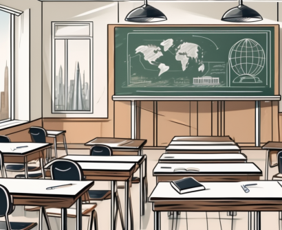 A classroom setting with iconic emirates landmarks in the background