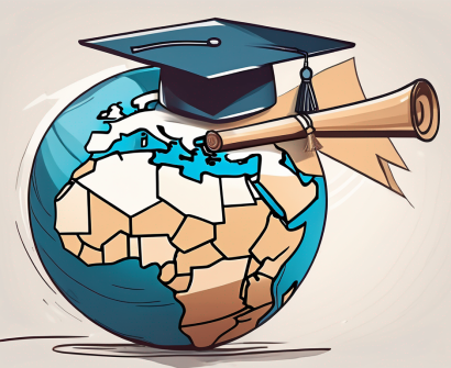 A globe intertwined with a graduation cap and diploma