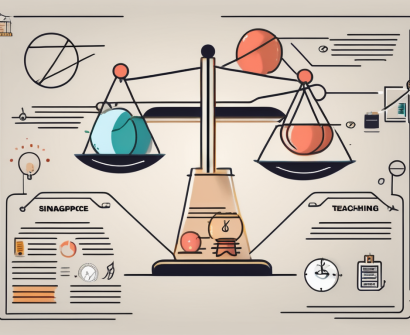 A balanced scale with various symbols of teaching tools and elements representing singapore on either side