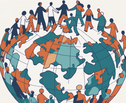 Diverse puzzle pieces coming together to form a globe