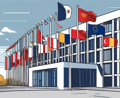 A university building with various international flags flying around it
