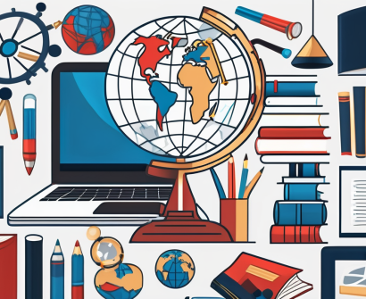 A globe surrounded by different educational tools like books