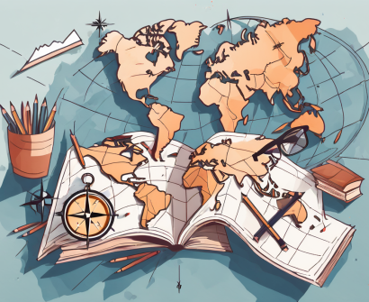 A global map with various school-related objects like books