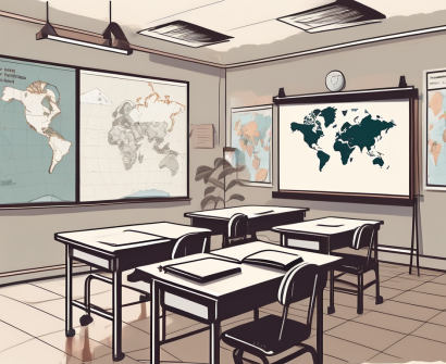 A classroom setting in thailand with teaching aids like maps