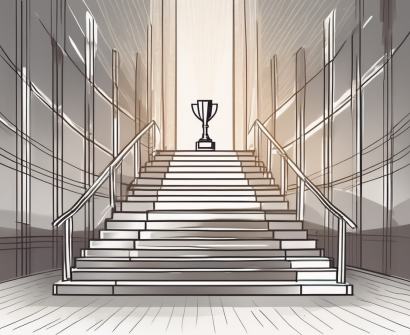 A staircase leading up to a shining trophy