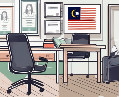 A classroom with a malaysian flag