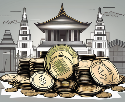 A pile of thai baht coins and banknotes