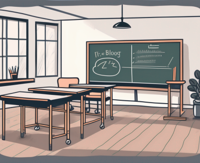 A classroom setting with an empty teacher's desk