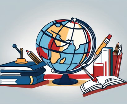 A globe with different educational tools such as books