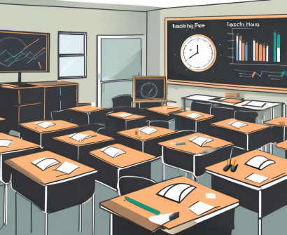 A classroom with a chalkboard displaying a pie chart that represents the total number of teaching hours required for the ipgce course