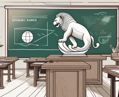 A classroom setting with typical singaporean elements like the marina bay sands and merlion in the background