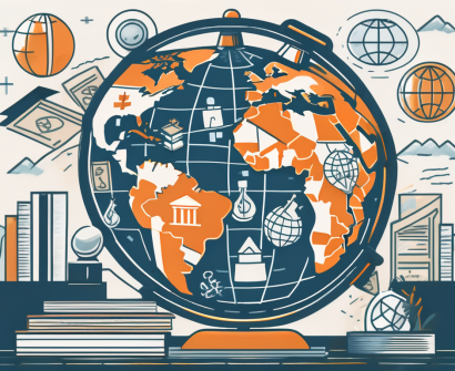 A globe with various educational symbols such as a graduation cap
