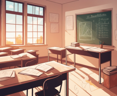 A classroom scene with an empty teacher's desk covered with teaching materials