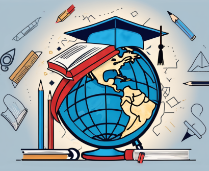 A globe surrounded by various educational tools like books