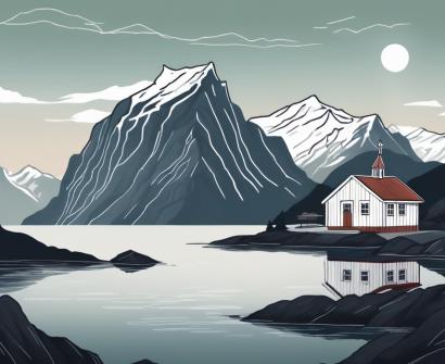 A quaint norwegian schoolhouse surrounded by scenic fjords and mountains