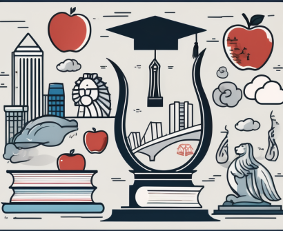 A balanced scale with various iconic symbols of singapore (like the merlion