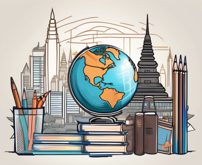 A globe with various iconic landmarks from around the world
