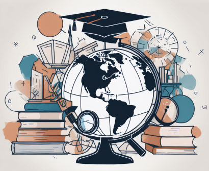 A globe surrounded by various educational symbols like books