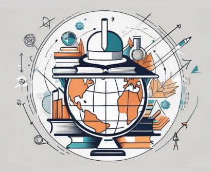 A globe with various educational symbols like graduation cap